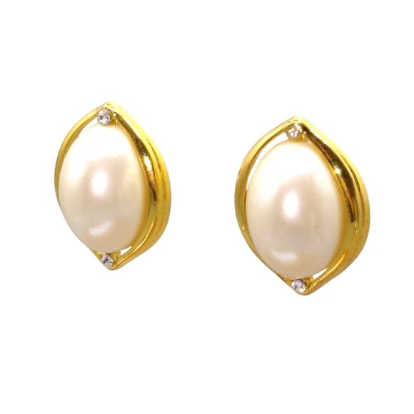 Vintage Marvella Oval Pearl Earrings, Gold Tone Framed Studs with Crystal Accent - Picture 3 of 4